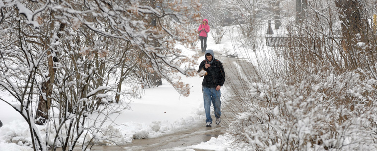 <p>Students walk to class near "lilac lane" behind Engleman Hall on a snowy day.</p>