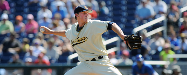 Kent State winning pitcher Ryan Bores fires a pitch to the Florida Gators.