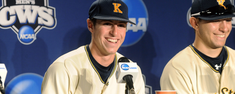 Kent State player Jimmy Rider laughs during a post-game press conference.