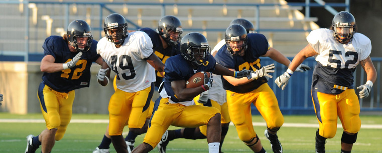 <p>Members of the Kent State Golden Flashes football team during a scrimmage game at Dix Stadium.</p>