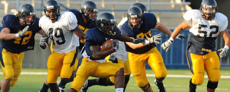 <p>Members of the Kent State Golden Flashes football team during a scrimmage game at Dix Stadium.</p>