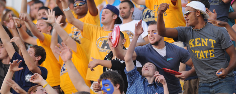 <p>Golden Flashes fans celebrate a touchdown.</p>