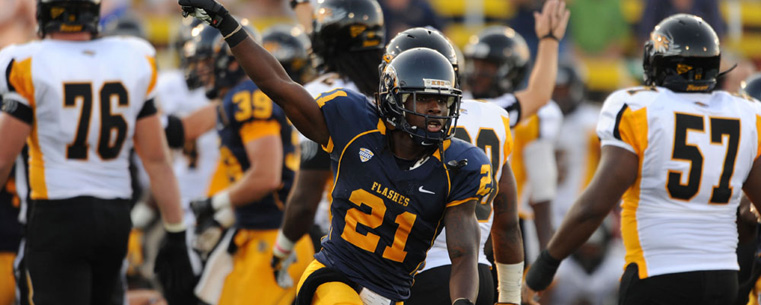 Kent State running back Anthony Meray celebrates an interception against Towson during the home opener at Dix Stadium.