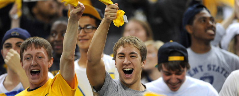 Kent State Golden Flashes fans celebrate a score during the 2012 Mid-American Conference (MAC) Championship game at Ford Field in Detroit.