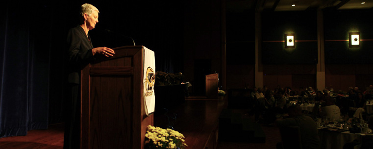 Executive Associate Athletic Director Cathy O'Donnell addresses those attending the &quot;Celebrating a Century of Kent State Women's Athletics&quot; luncheon.