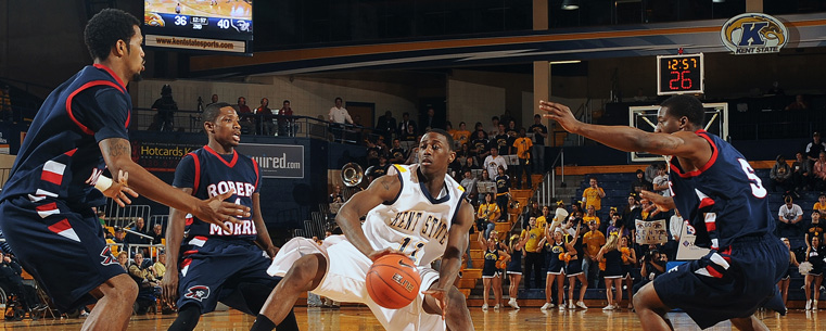 Heavy defensive pressure from Robert Morris defenders couldn't stop Kent State during their 62-59 victory in the ESPN Tip-Off Marathon game in the MAC Center.