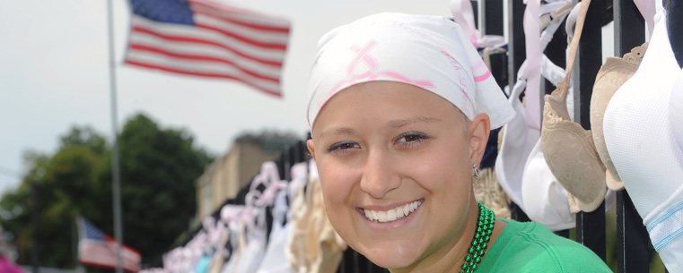 Marissa Manocchio, a Kent State student who is battling cancer, served as honorary chairperson of the Bras Across the Crooked River event, in downtown Kent. Displayed are several thousand bras she helped collect to help raise awareness of the life-threatening disease.