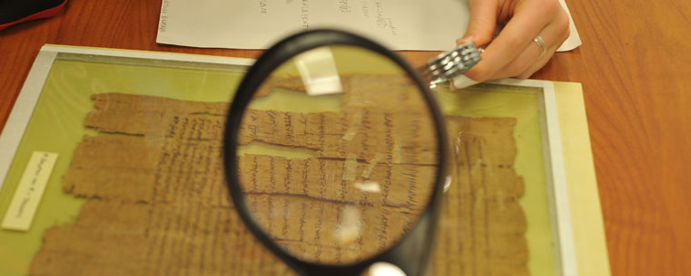 Magnifying glasses and a good set of eyes, along with knowledge of ancient Greek, are some of the tools used to translate documents of this nature. Some of the obstacles to translation include the writer’s handwriting, the size of the print, deterioration of the document and the fact that there is neither punctuation nor word spacing.