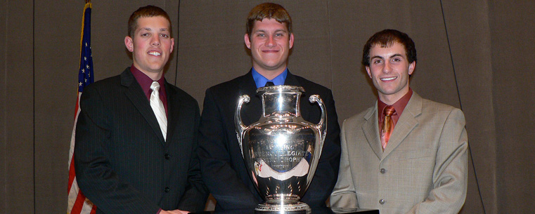 Members of the Kent State Precision Flight Team accept the Loening Trophy at the 2010 SAFECON awards banquet on May 22. Pictured (left to right) are team captains Jeff Adelman and Brian Myers and secretary Evan Taylor. All three are seniors majoring in aeronautics at Kent State.