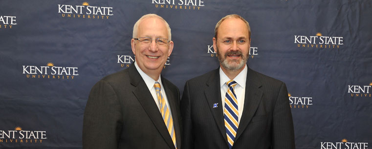 Kent State University President Lester A. Lefton (left) poses with Dr. Todd Diacon (right), who was named Kent State's new senior vice president for academic affairs and provost. Diacon comes to Kent State from the University of Massachusetts Amherst where he serves as deputy chancellor.