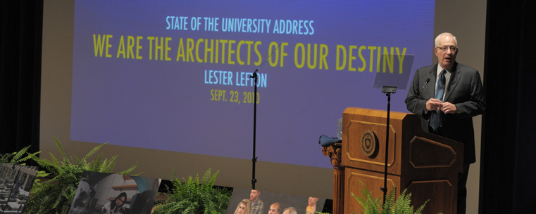 <p>Kent State University President Lester A. Lefton delivers his annual State of the University address.</p>