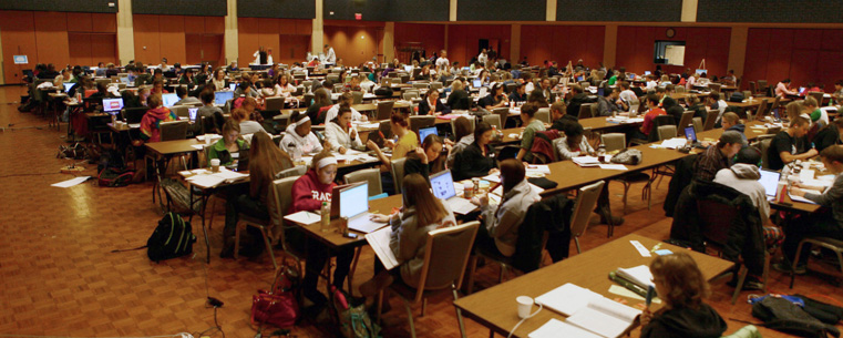 During a previous Kent State Study-A-Thon in the Kent Student Center Ballroom, students study en masse preparing for final exams. <br />