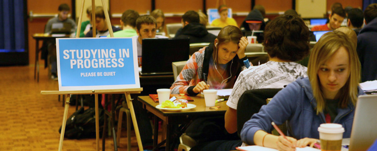 Students study in the Kent Student Center Ballroom during a previous Kent State Study-A-Thon in preparation for final exams.