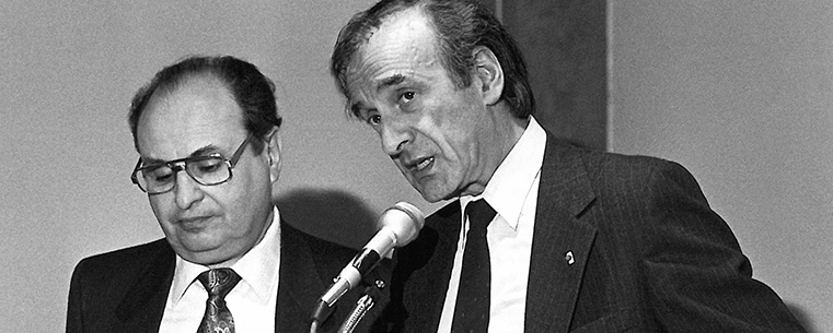 Elie Wiesel last visited Kent State University on April 11, 1989, which is exactly 24 years to the day of his April 11, 2013 visit as part of the Kent State University Presidential Speaker Series. Pictured (from left to right) are Herbert Hochhauser, Ph.D., who served as director of Kent State’s Jewish Studies and Ethnic Heritage programs in 1989, and Wiesel.