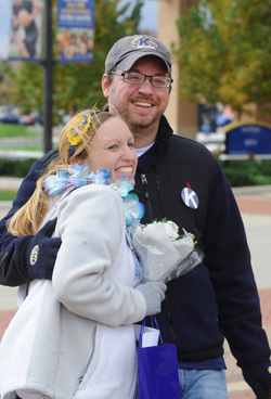 Two Kent State students embrace during the second annual Kiss on the K in Risman Plaza. 