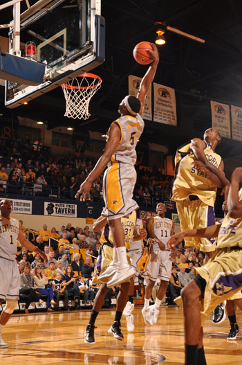 A slam dunk by Kent State during the Alcorn game.