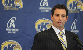 New Kent State head baseball coach Jeff Duncan speaks during a press conference held at the Kent State University Hotel and Conference Center in downtown Kent.