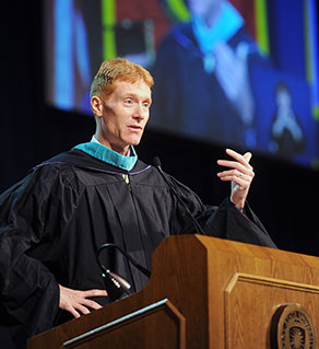 Kent City Manager Dave Ruller gives the Commencement address during the Dec. 14 afternoon ceremony in the Memorial Athletic and Convocation Center.