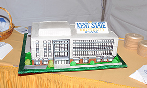 A cake-sized replica of the new Sciences Building at Kent State University at Stark was on display during the official groundbreaking ceremony that was held adjacent to the existing Main Hall East Wing. 