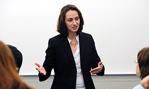 Jacqueline Marino, associate professor in Kent State’s Journalism and Mass Communication, lectures to students in Franklin Hall.